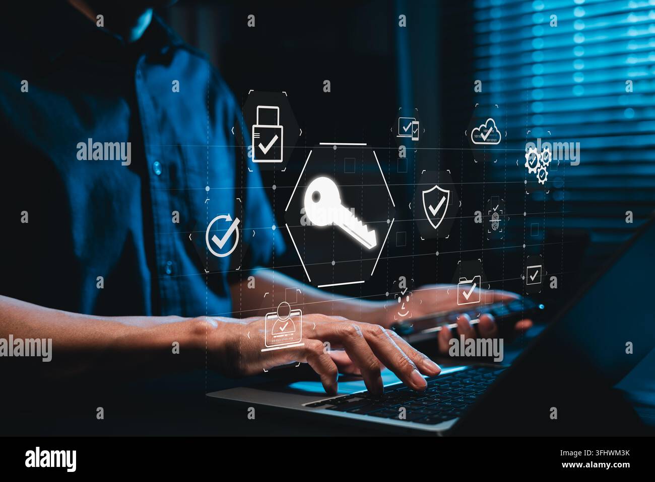 Encryption key passkeys. Secure passwordless authentication technology. digital access key, cloud verification, identity check, lock protection, devic Stock Photo