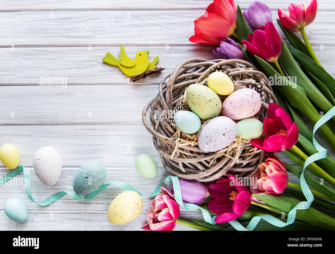Easter eggs in nest Stock Photo