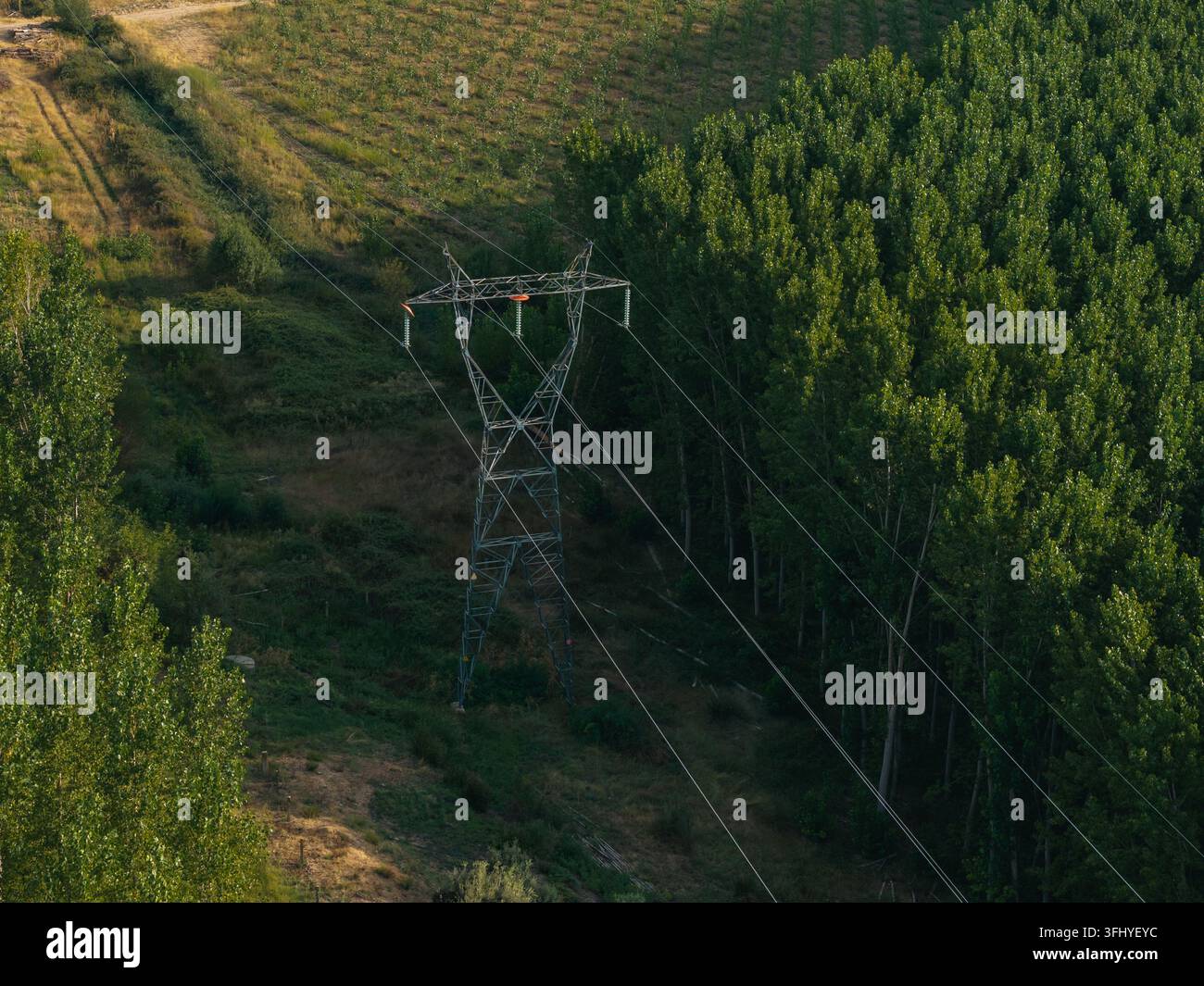 High angle view of a tall electricity transmission tower extending power lines across a green rural landscape and dense forest Stock Photo