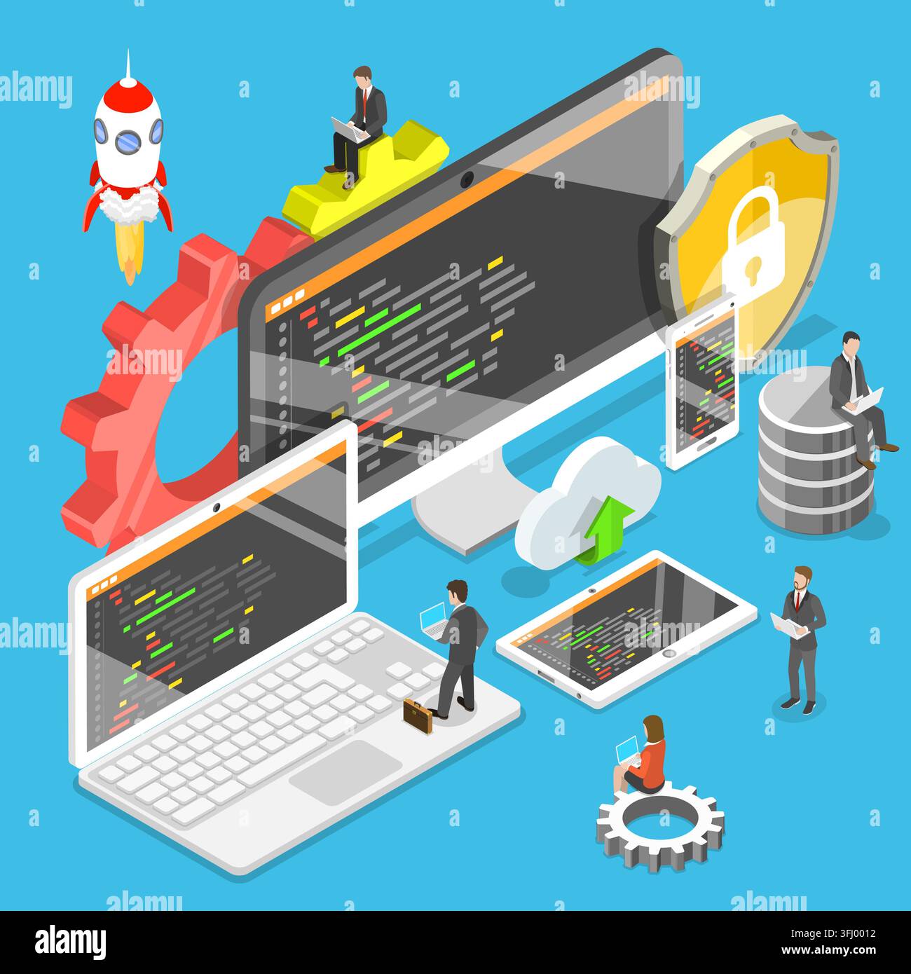 Flat isometric  concept of software development, teamwork, brainstorm. Stock Photo
