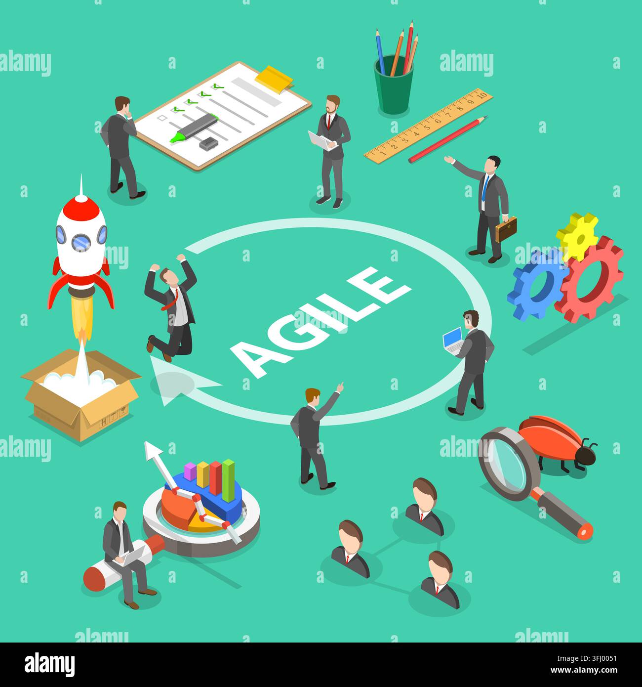 Flat isometric concept of agile methodology, software product development. Stock Photo