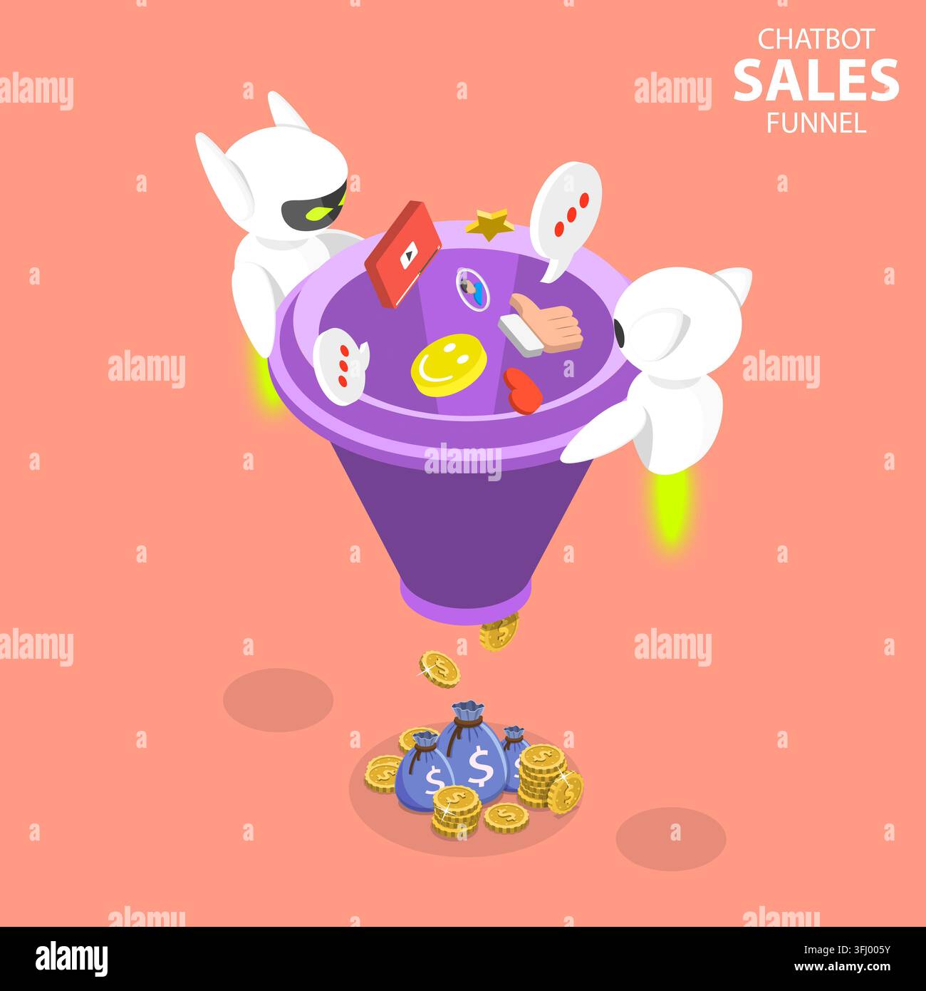 Chatbot sales funnel flat isometric concept. Stock Photo
