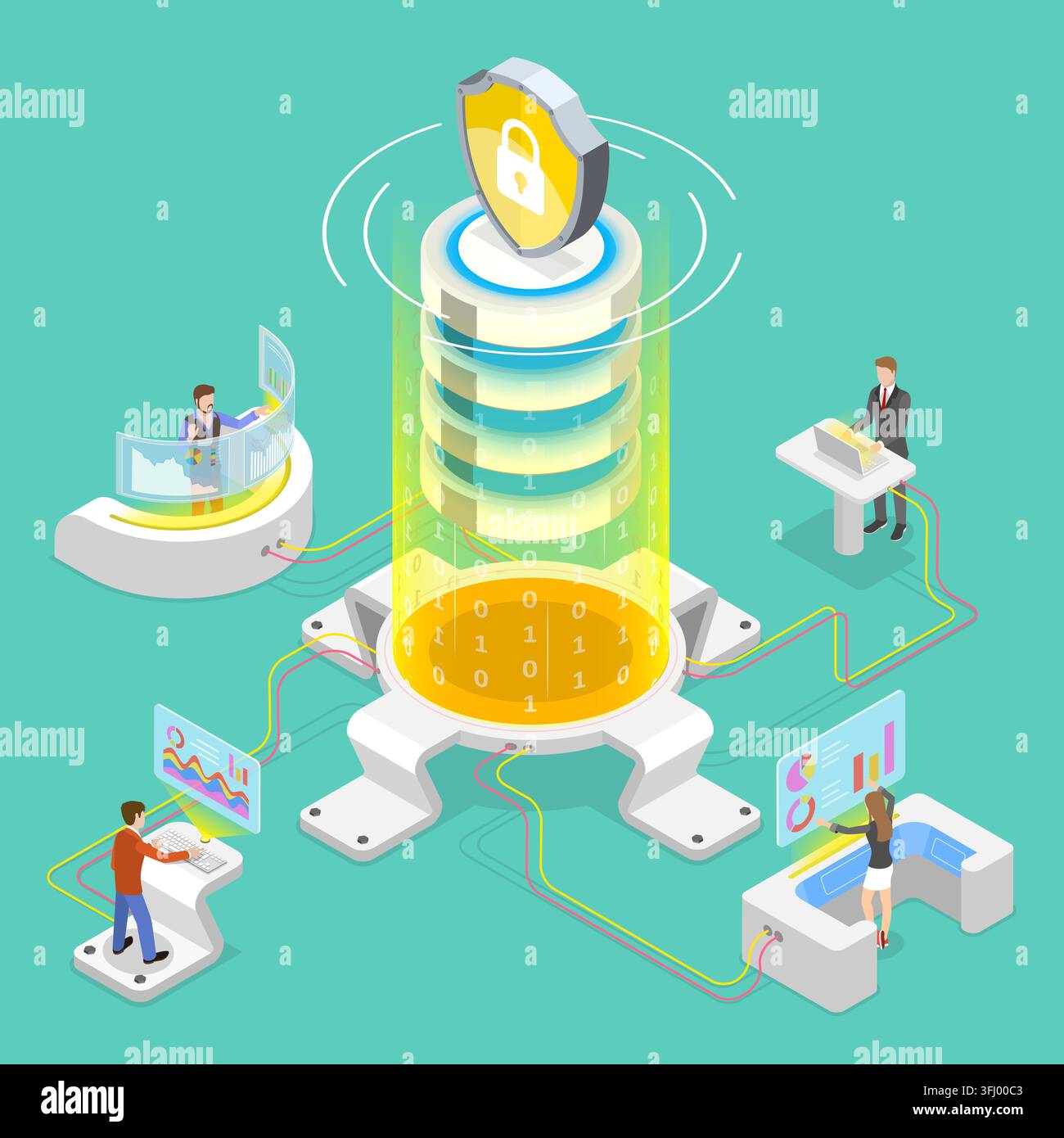 Flat isometric  concept of secure online storage, big data cloud computing service, mobile device sync. Stock Photo