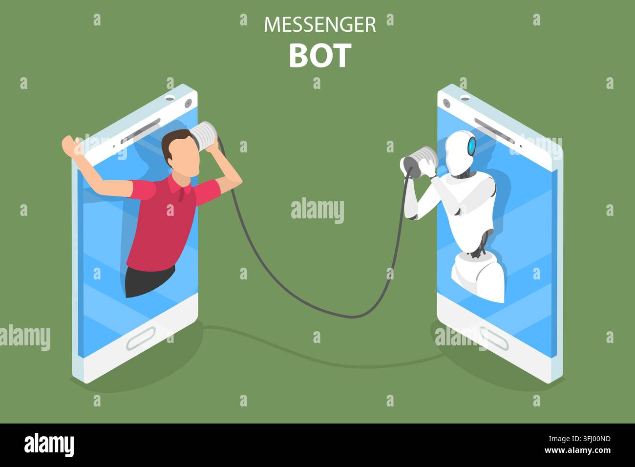 Messenger bot and ai flat isometric  concept. Stock Photo