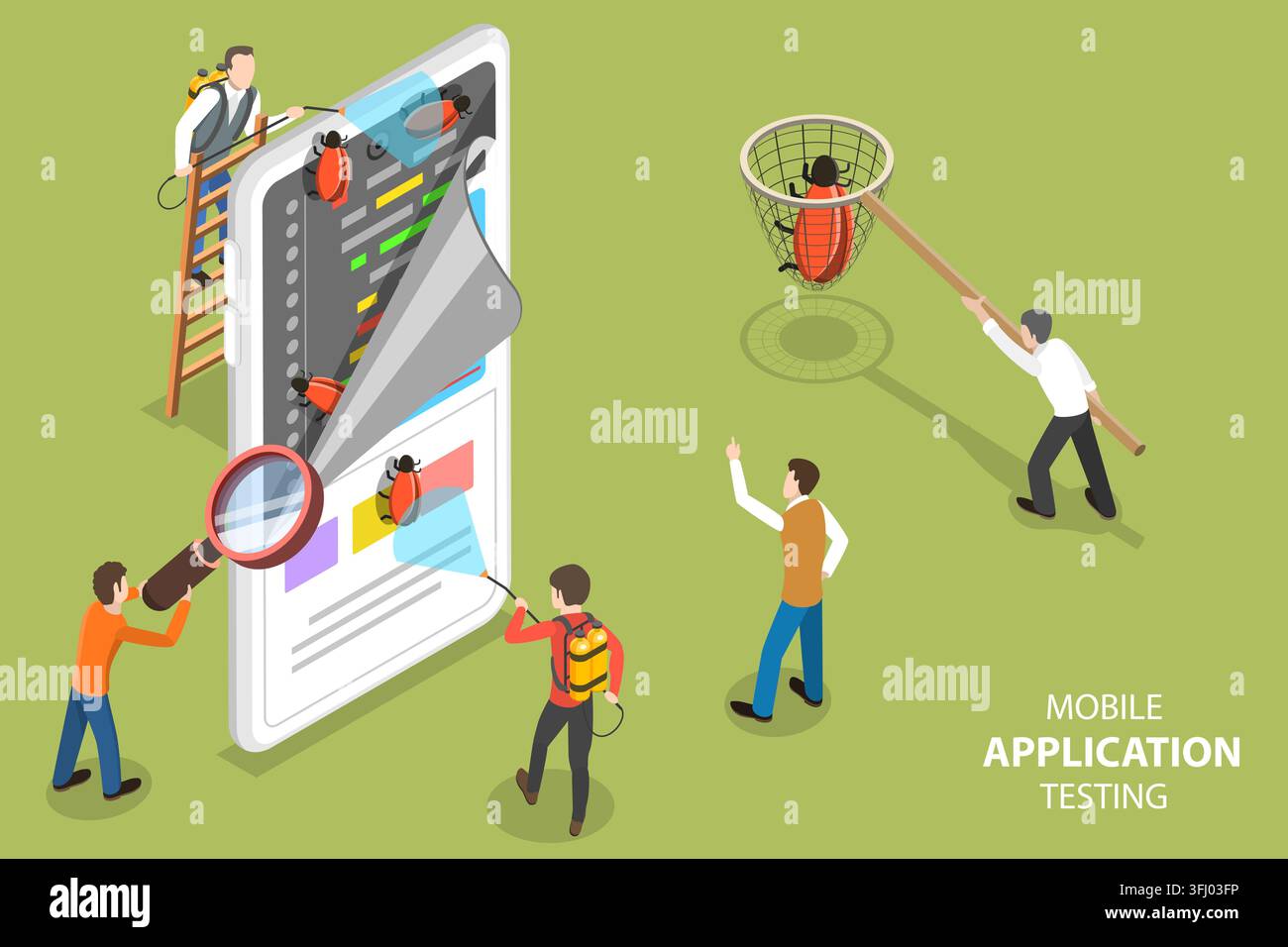 3D Isometric Flat Concept of Mobile App Testing, Quality Assurance, Software Development, Searching for Bugs in Code. Stock Photo