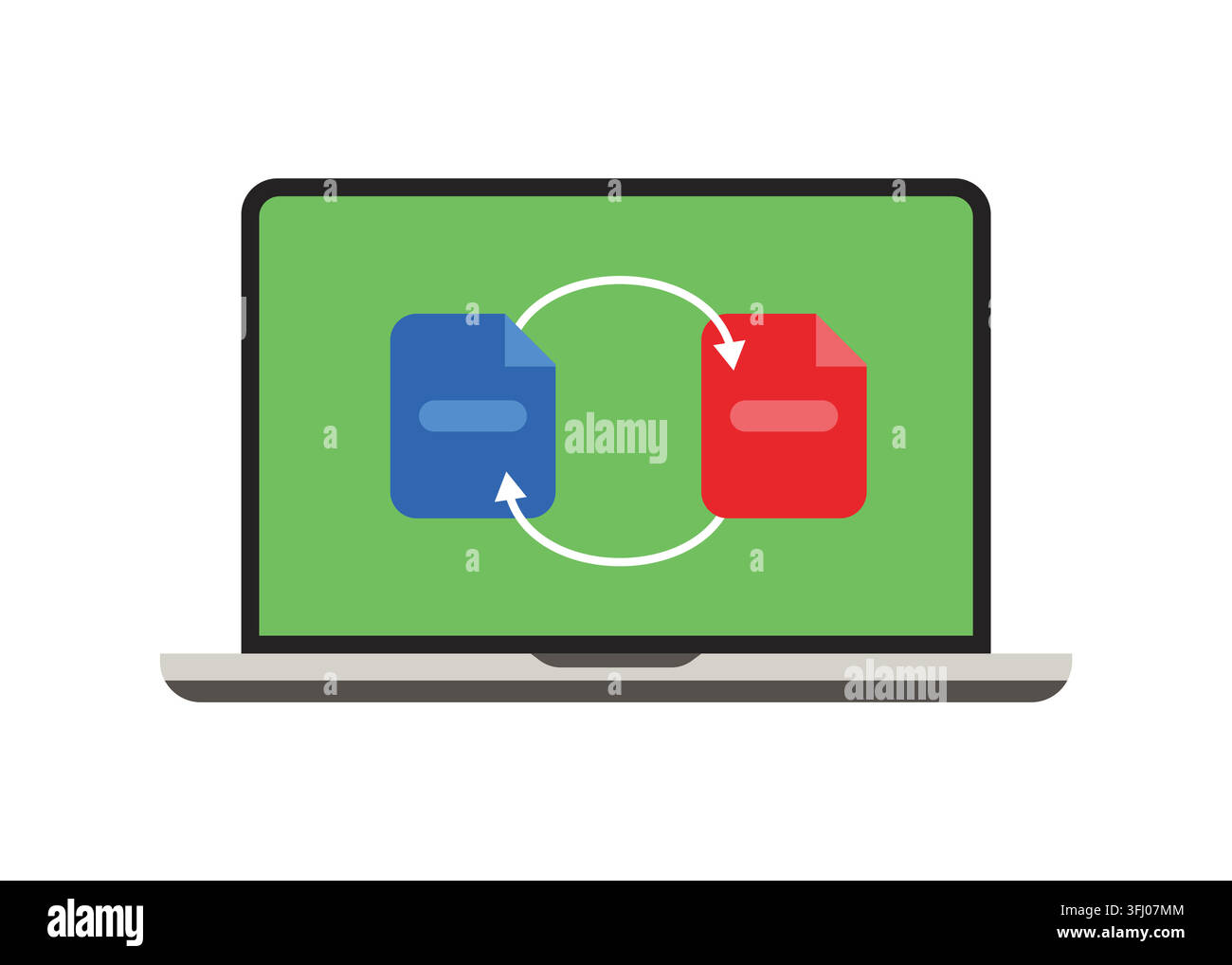 Flat vector illustration of a laptop screen displaying two documents exchanging data with sync arrows for file transfer or format conversion. Stock Vector