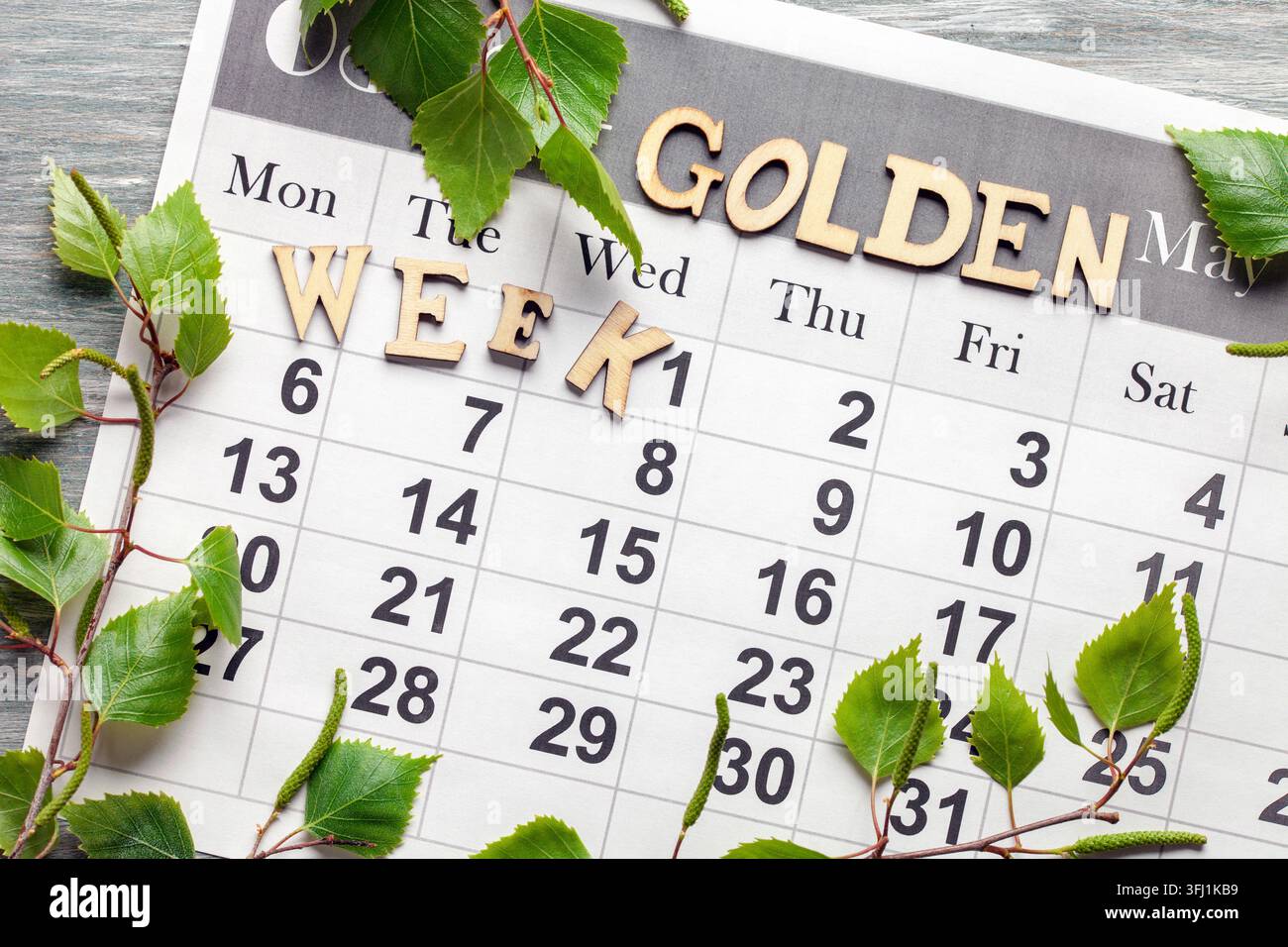 Golden Week. May 2024 monthly desk calendar. Green Day Stock Photo