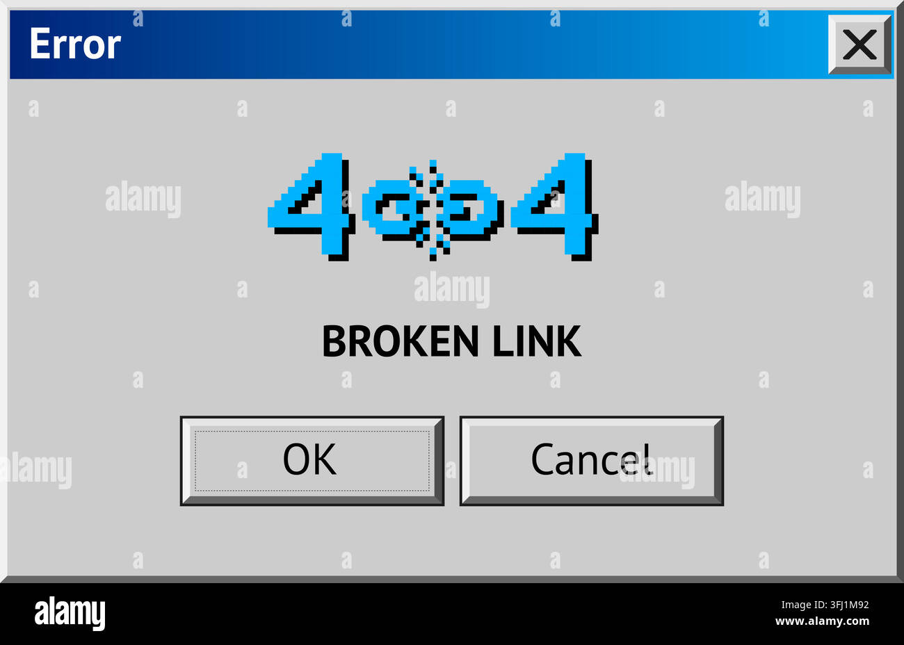 Retro computer error popup window displaying 404 broken link message with buttons Stock Vector