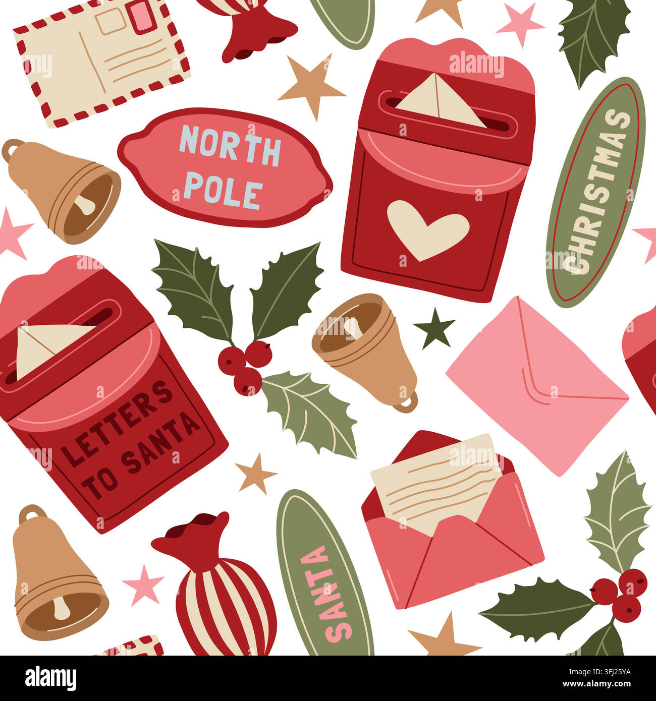Hand-drawn Christmas seamless pattern with Santa mailbox, holly berry and candy for seasonal holiday fabric, background, packaging Stock Vector