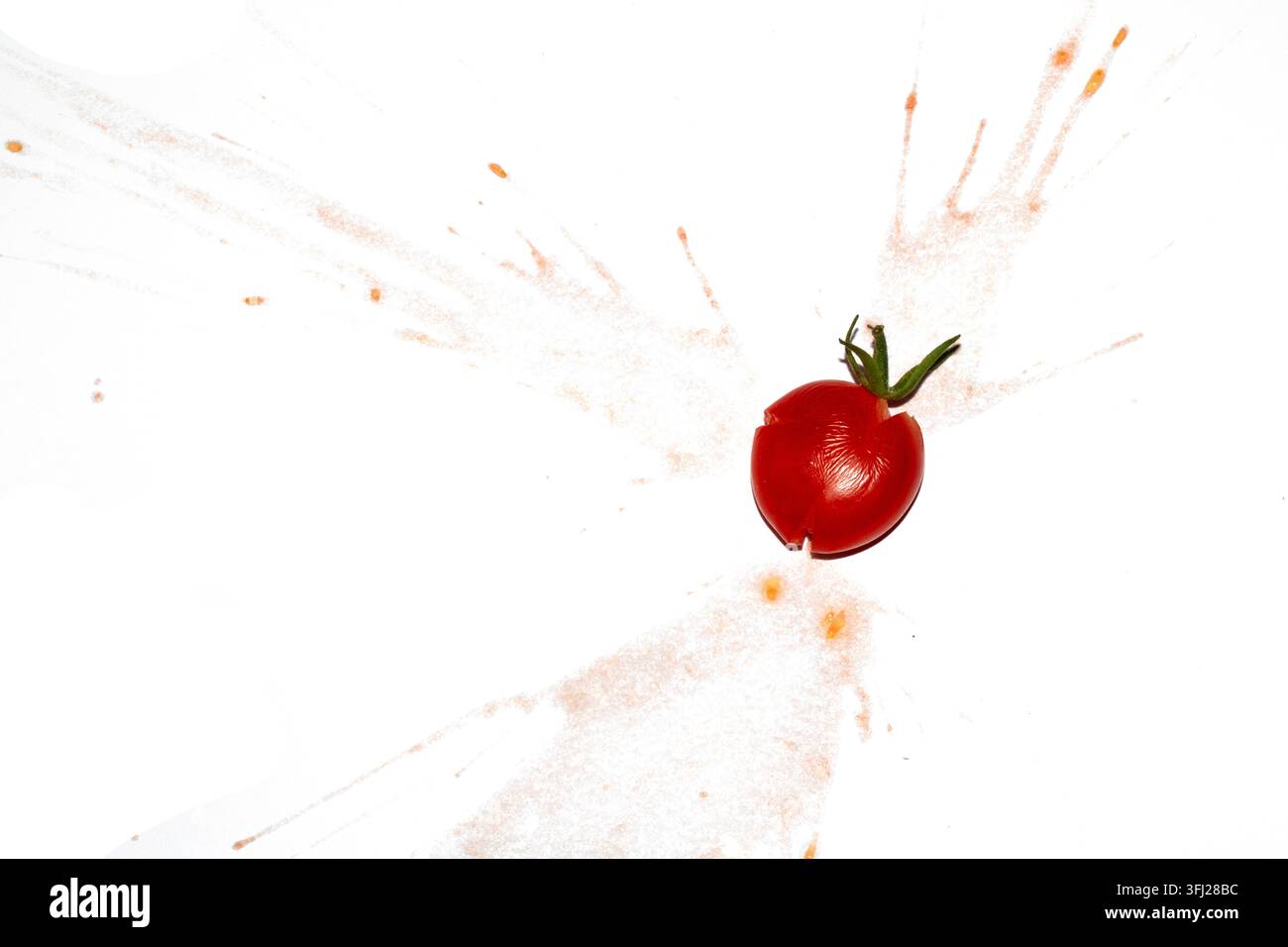 A squashed splattered and crushed broken fresh tomato with seeds Stock Photo