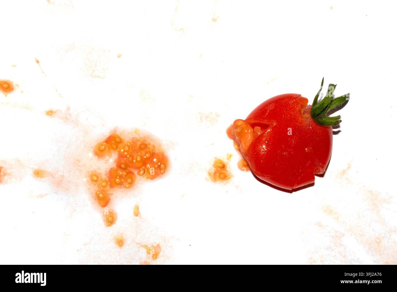 A squashed splattered and crushed broken fresh tomato with seeds Stock Photo