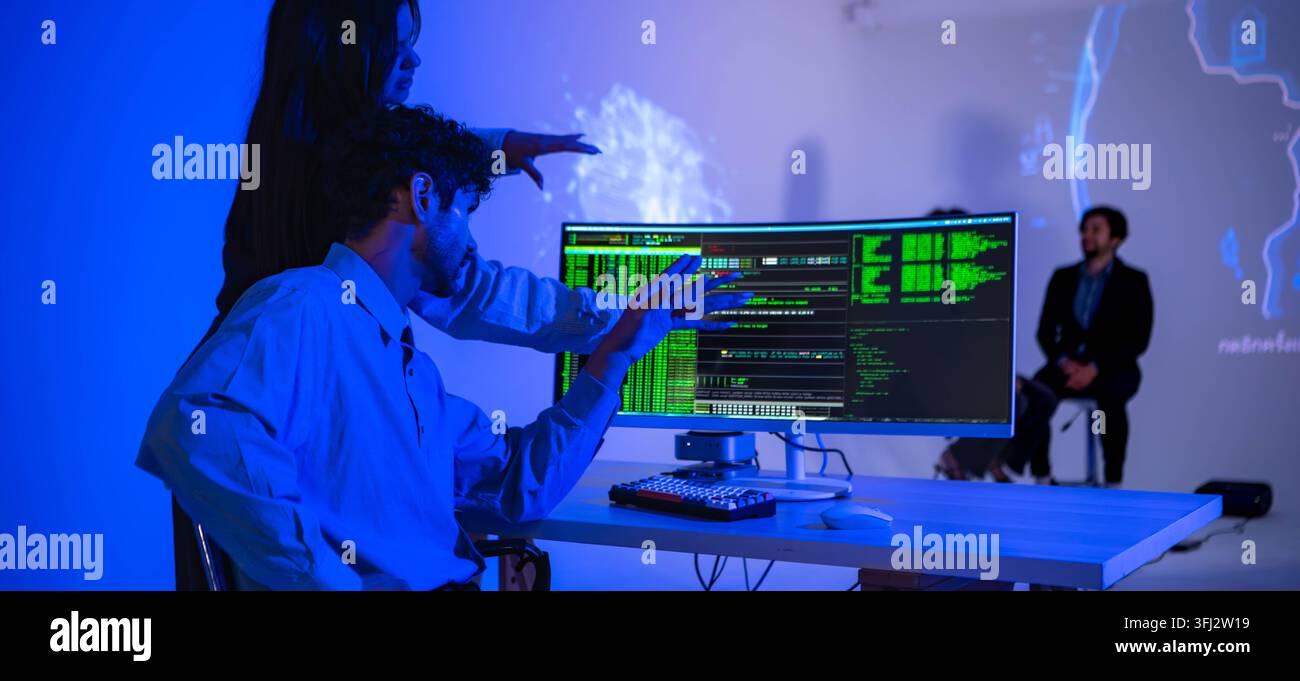 Technology professionals discussing AI software development with coding interface and global digital network visualization in a modern innovation work Stock Photo