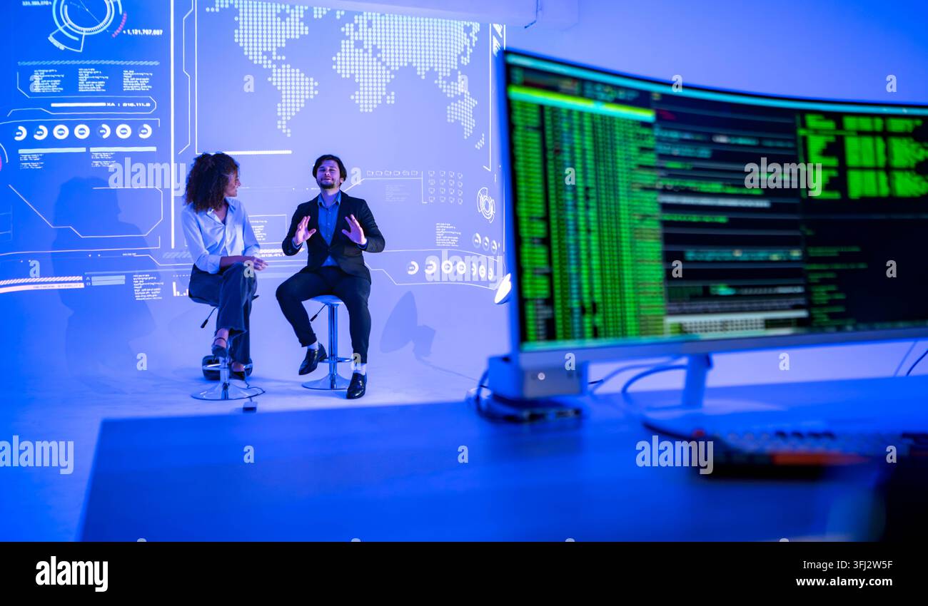Technology professionals discussing AI software development with coding interface and global digital network visualization in a modern innovation work Stock Photo
