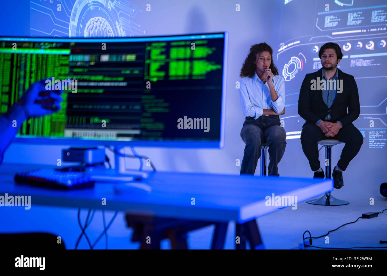 Technology professionals discussing AI software development with coding interface and global digital network visualization in a modern innovation work Stock Photo