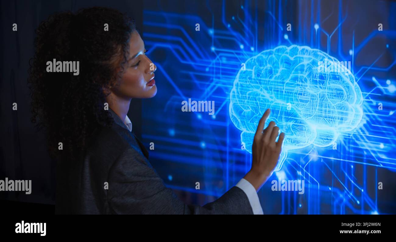Business professional interacting with a digital human interface, representing artificial intelligence, machine learning, human technology collaborati Stock Photo
