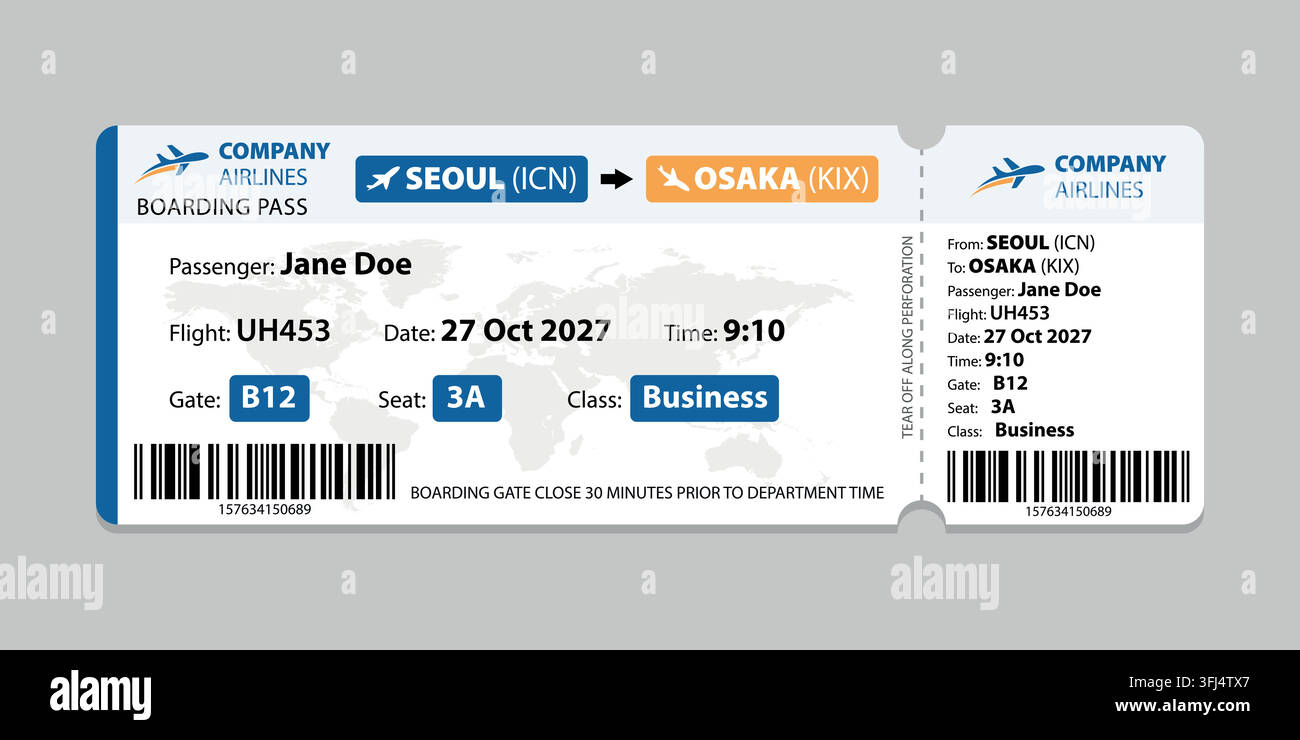 Realistic illustration of airplane ticket boarding pass with passenger ...