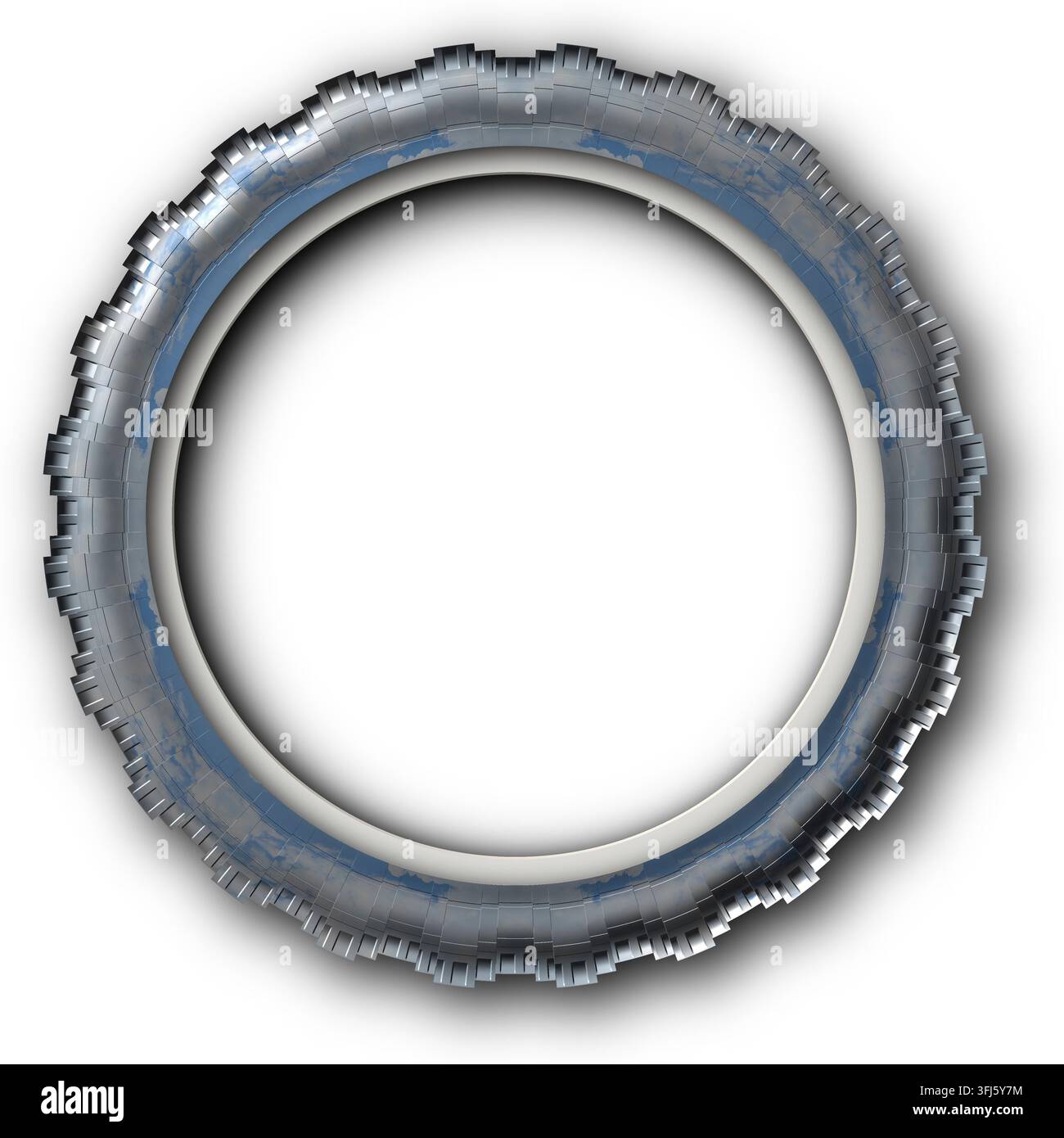 Distressed circular industrial frame border with empty center, casting subtle shadow on transparent background Stock Photo