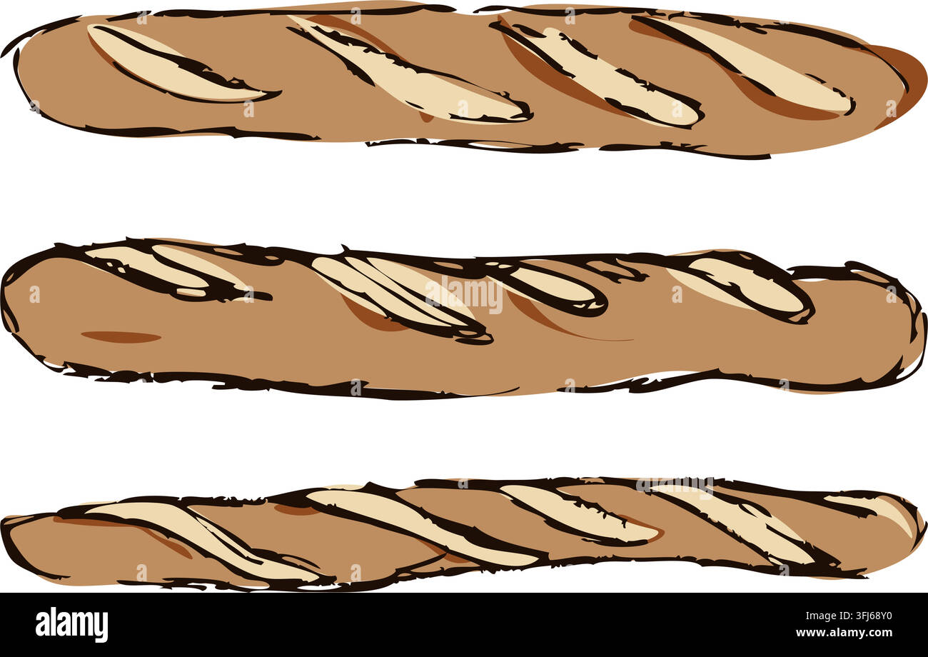 Hand Drawn Rustic Baguette Bread Collection Stock Vector