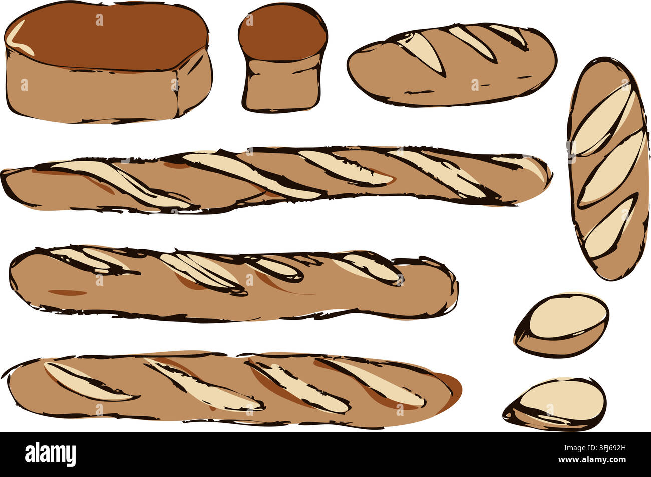 Hand Drawn Assorted Artisan Bread and Baguette Set Stock Vector