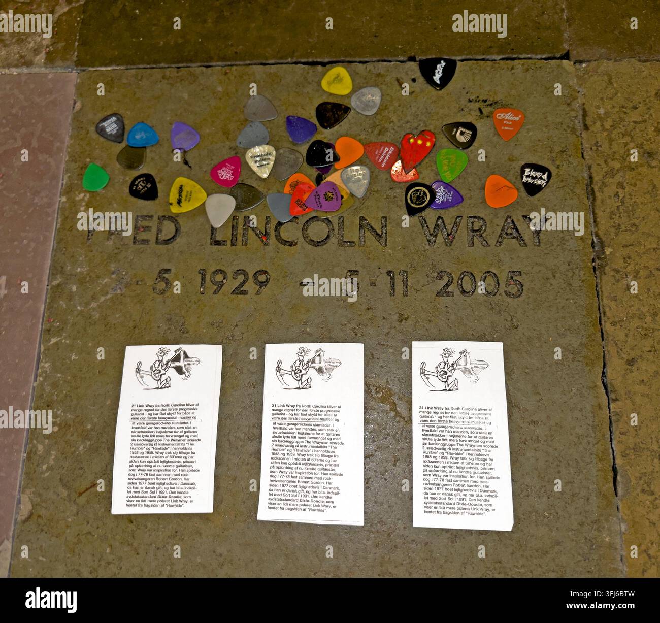 Memorial to American rock guitarist Fred Link Wray in the crypt of Christian’s Church, Christianshavn, Copenhagen, where he was buried in 2005. Stock Photo