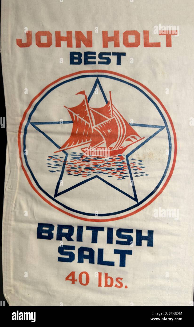 Historic John Holt Best British Salt 40 lb sack from Cheshire, illustrating branded packaging from the region’s salt industry. Stock Photo