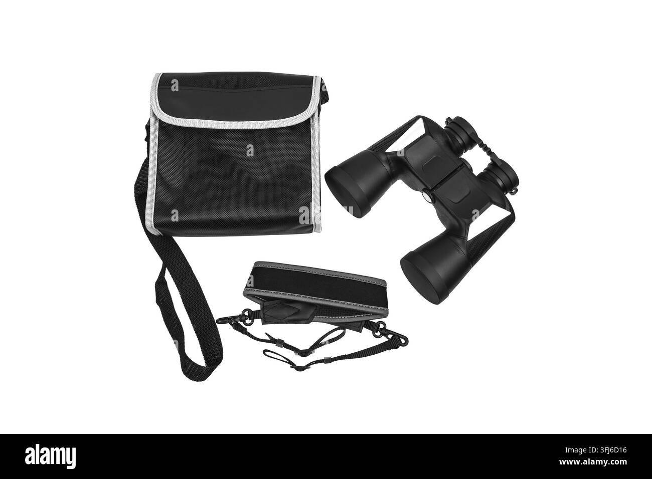 Black optical binoculars with case and strap isolated on white background. Stock Photo