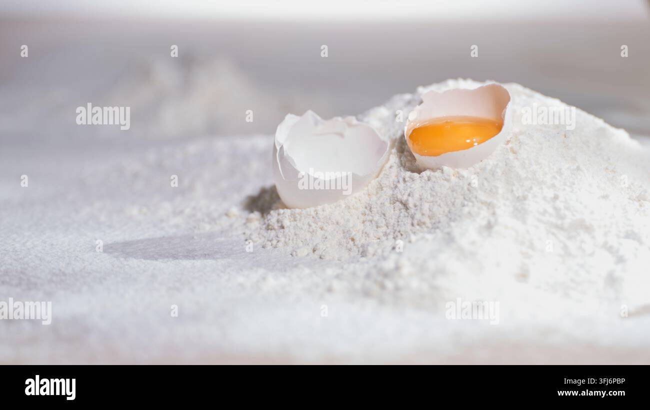 Egg yolk sits on white flour in a kitchen Stock Photo