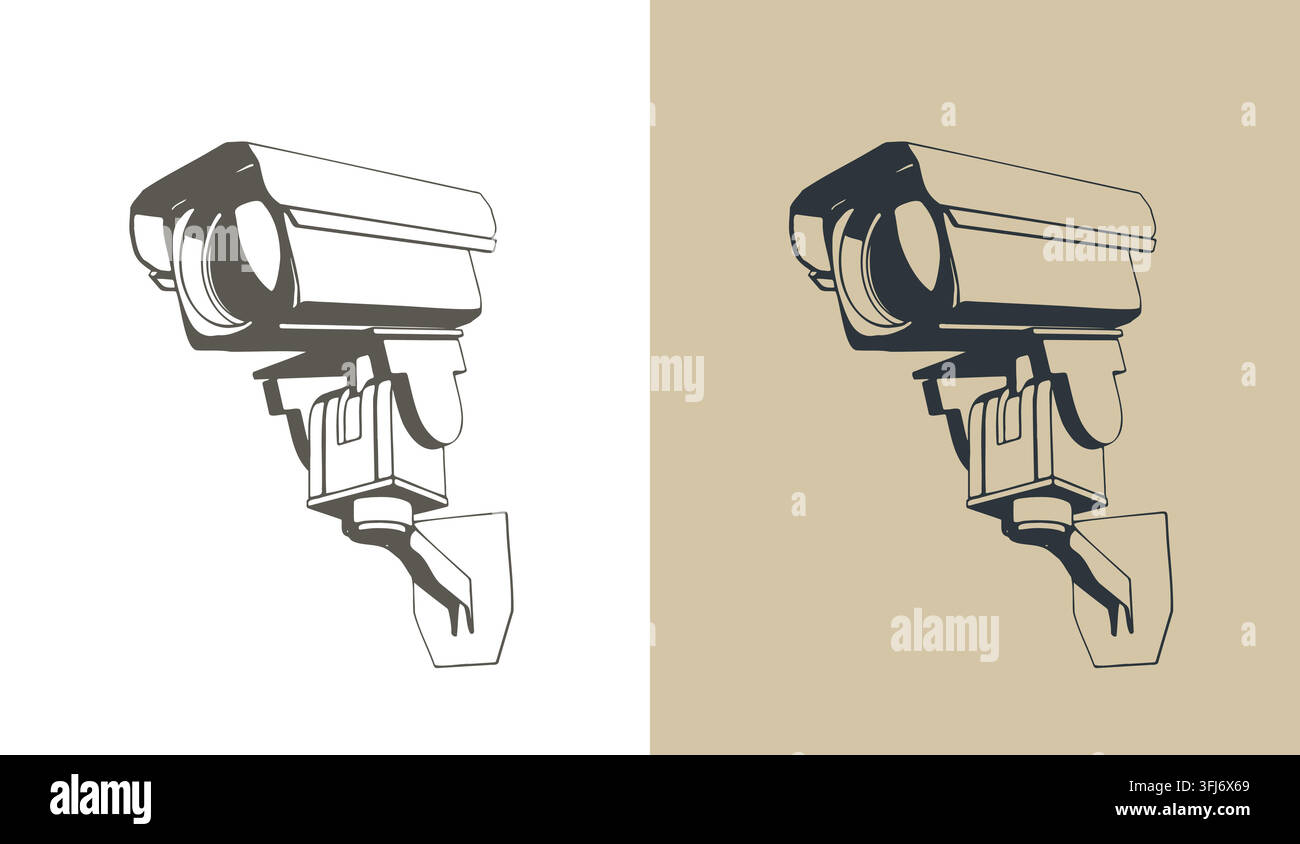 CCTV security camera on wall mount bracket, stylized vector illustrations Stock Vector
