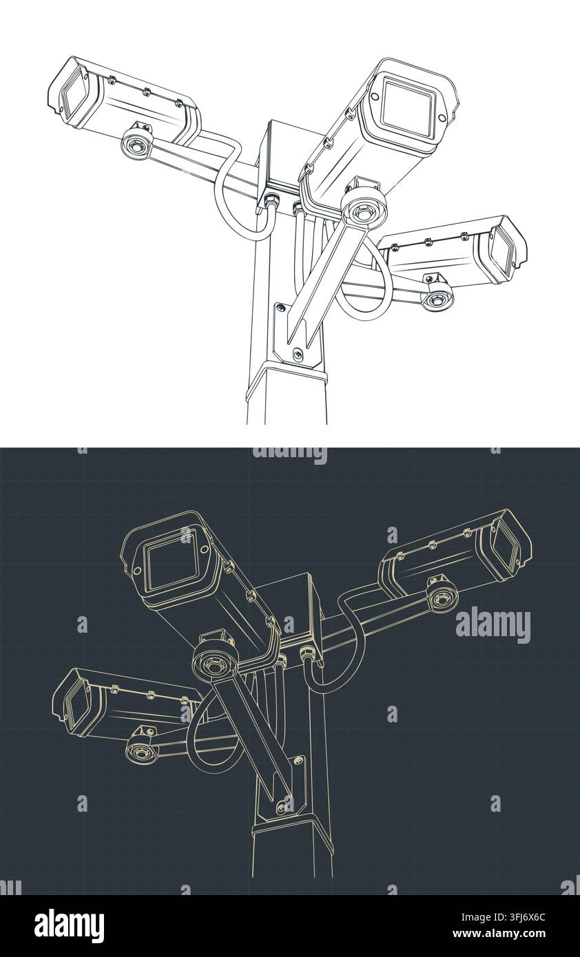 CCTV security cameras system on pole technical blueprint, stylized vector illustration Stock Vector