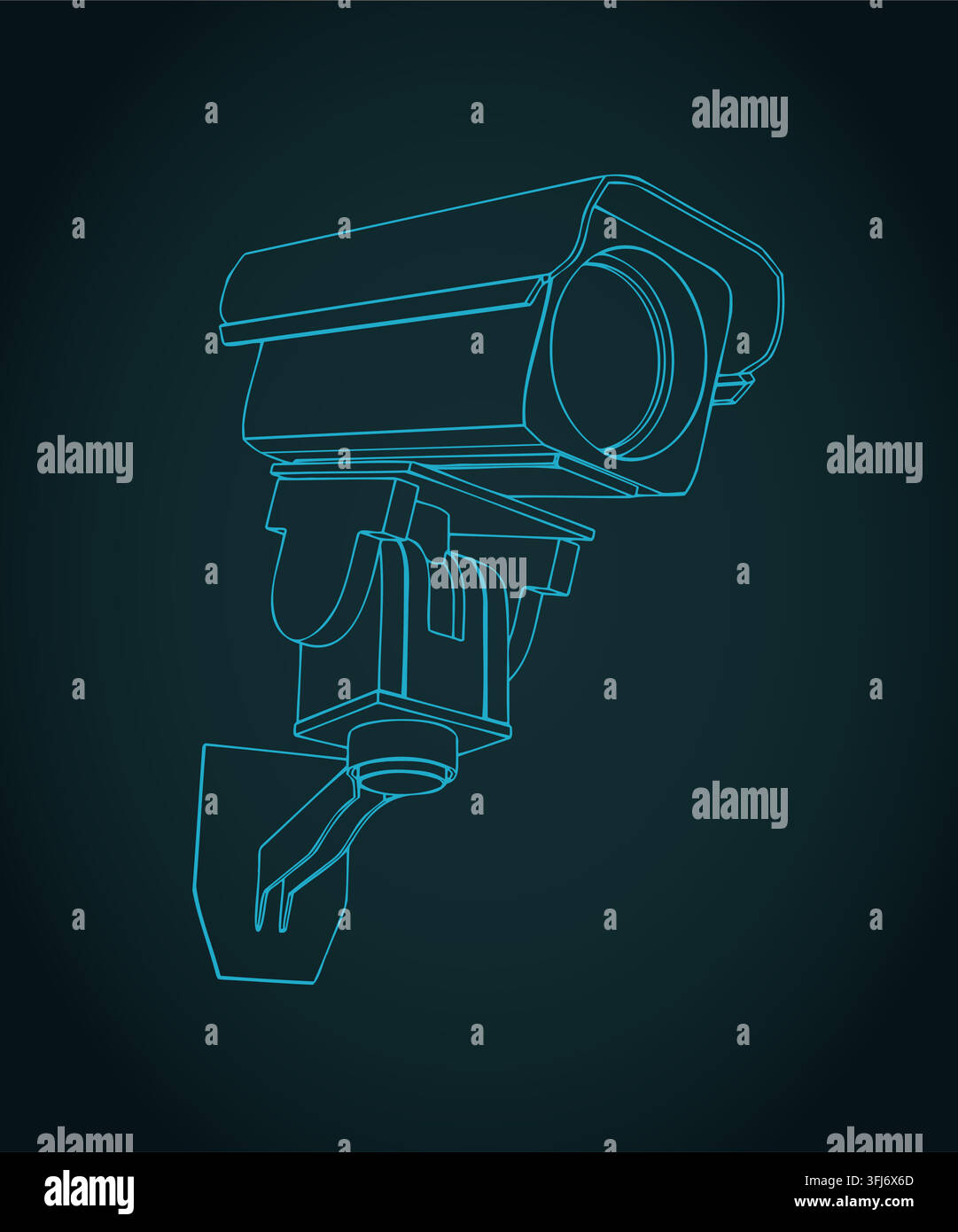 CCTV security camera on wall mount bracket isometric technical blueprint, stylized vector illustration Stock Vector