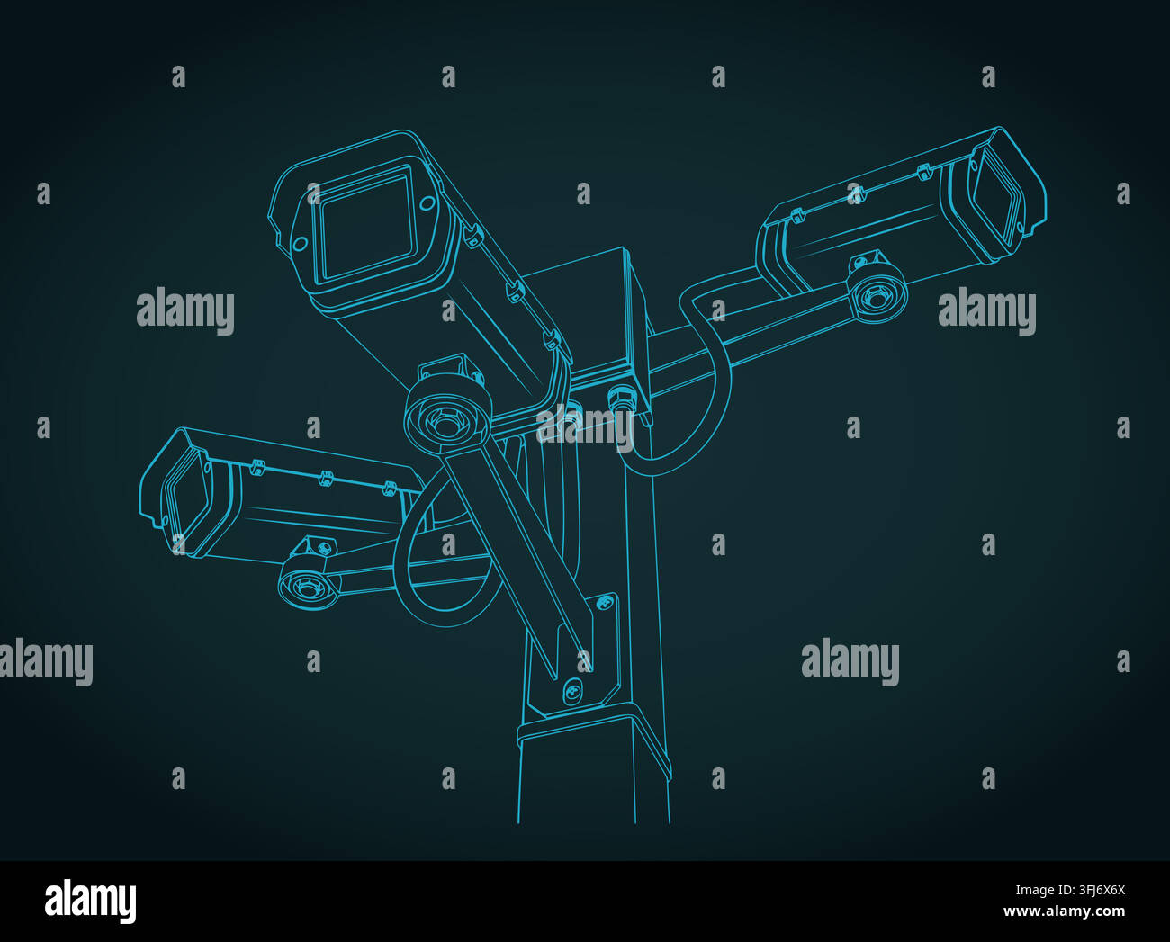 CCTV security cameras system on pole technical blueprint, stylized vector illustration Stock Vector