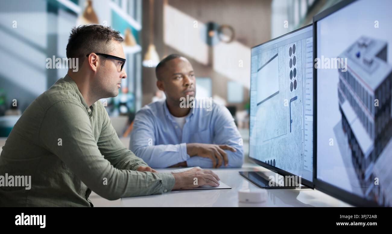 Engineer And Architect Discuss 3D Building Design Using BIM Software Together. Stock Photo