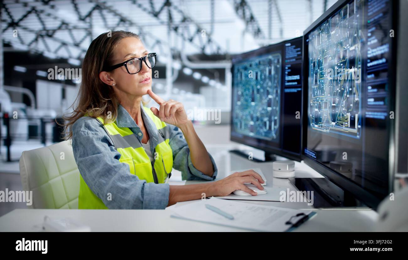 Electronics Engineer Carefully Reviews Multilayer Printed Circuit Board Design Using Software. Stock Photo