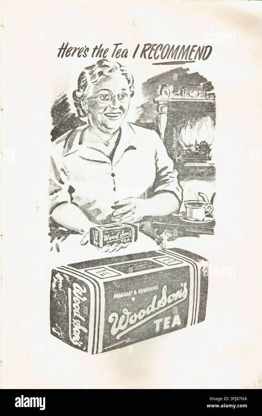 Vintage mid-20th century black and white promotional advertisement for WoodSon's Tea from a Western Australian cook book publication. Stock Photo
