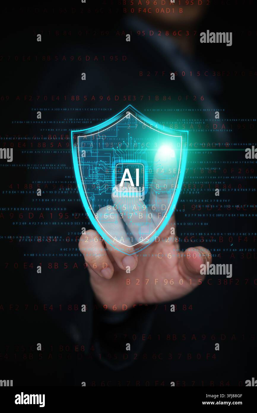 Finger touching glowing AI shield hologram over digital code background, representing artificial intelligence cybersecurity, data protection, network Stock Photo