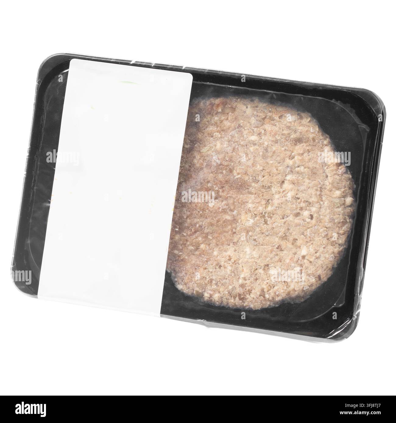 Packaged raw burger patty in black tray Stock Photo