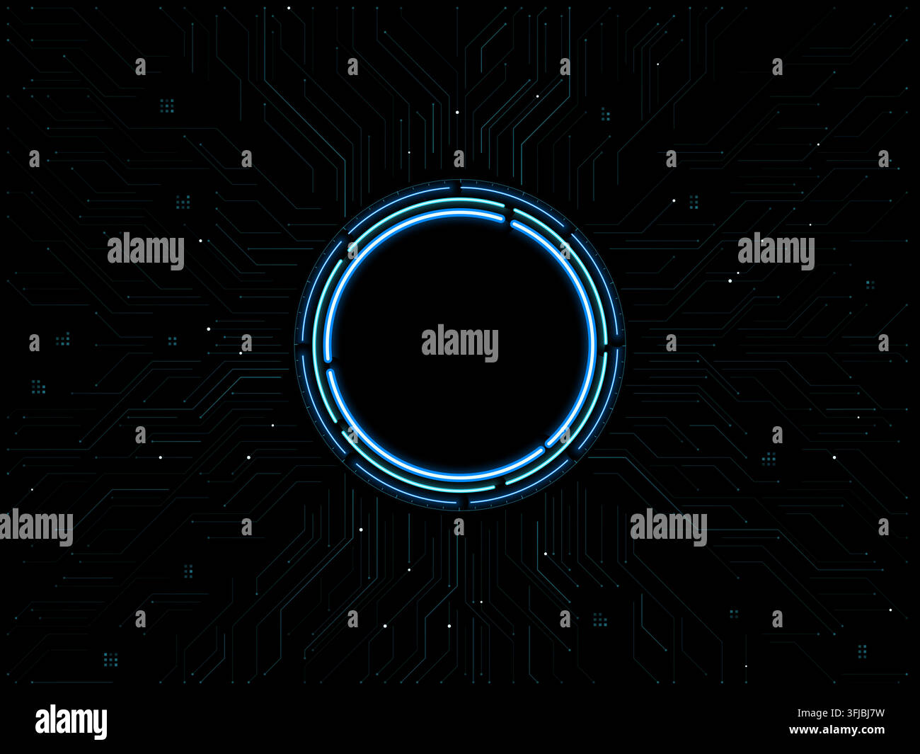 Luminous circular frame with angular electronic traces on a black background. Editable vector illustration with an open center. Stock Vector