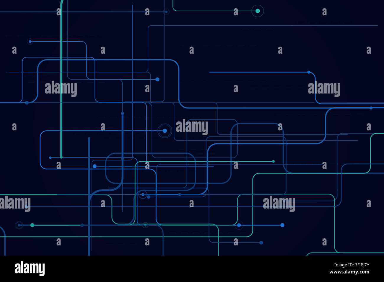 Connected line-and-dot network pattern inspired by circuit board traces and modern data systems Stock Vector