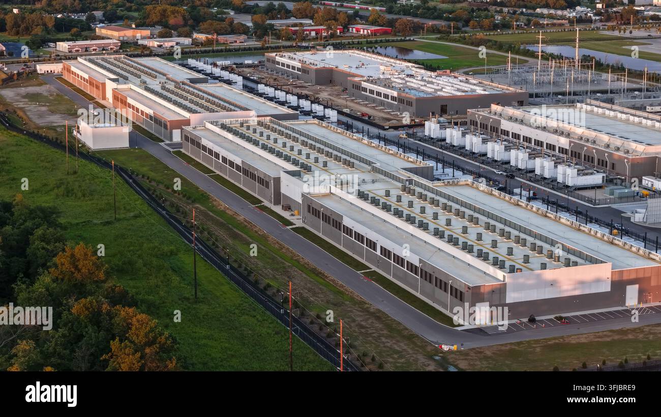 Large data center campus housing multiple buildings for cloud computing and server infrastructure Stock Photo