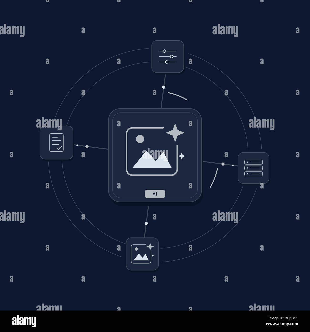 Generative AI creative tools with connected technology symbols and editable geometric shapes. Stock Vector