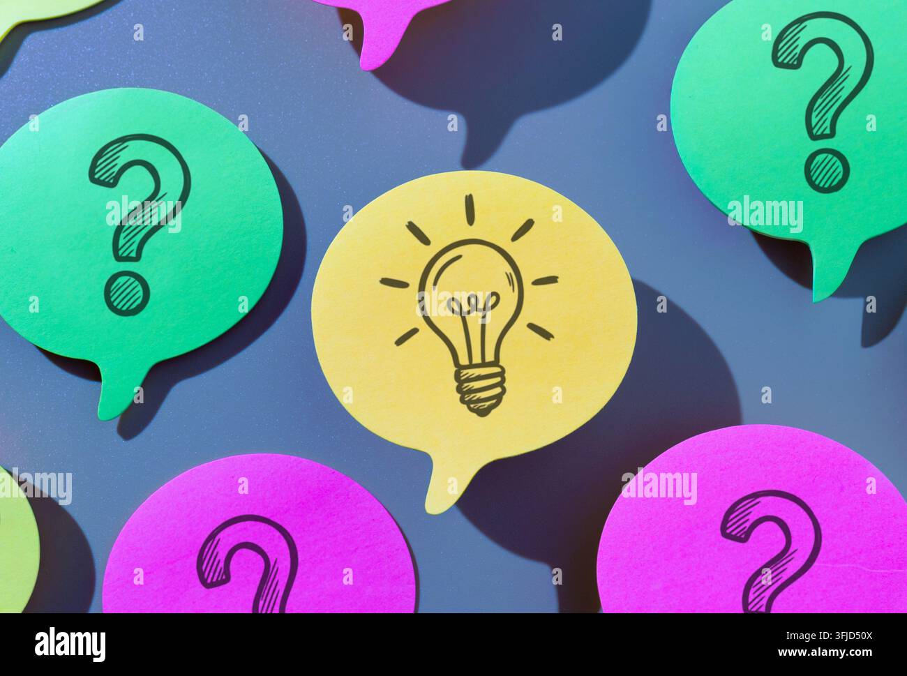 Yellow speech bubble with drawn lightbulb surrounded by green and pink question mark on a blue background. Idea generation, solution, breakthrough Stock Photo