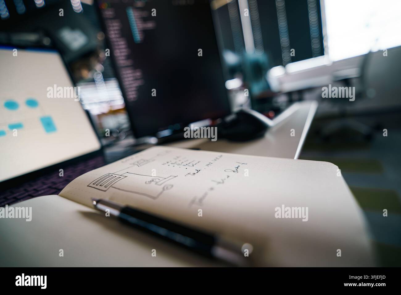 notebook notes desk tech development, capturing a modern workspace setup with coding data on screens and handwritten notes. This technology-focused sc Stock Photo
