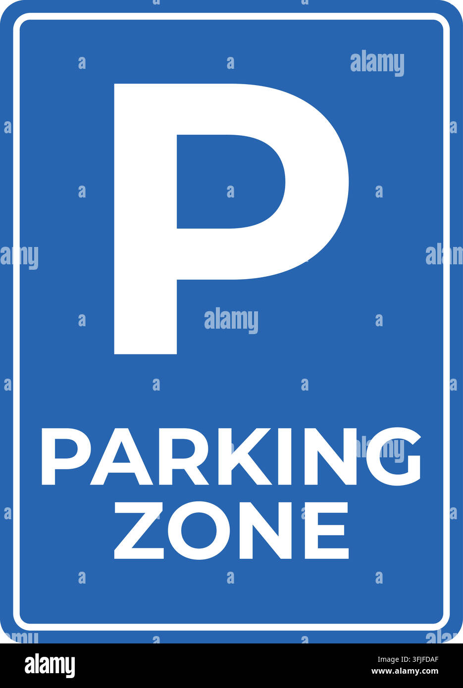 Parking zone sign, blue rectangular board with white P symbol and text. Stock Vector
