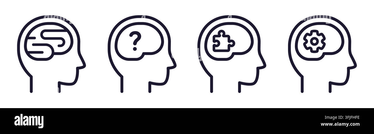 Brain, cognitive impairment and mental health line icon set. Disability and accessibility. Simple, minimal black and white outline vector illustration Stock Vector