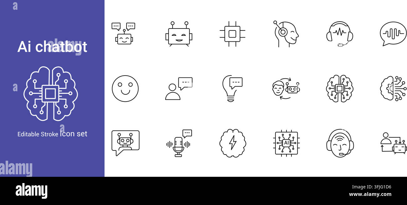 AI Chatbot, Artificial Intelligence, Virtual Assistant and Conversational Technology Line Icon Set Stock Vector