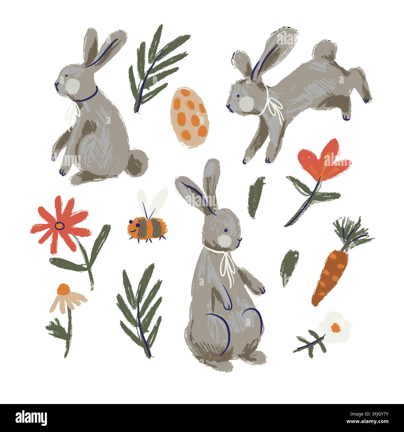 Hand Painted Easter Rabbits Flowers Carrot Egg and Bee Elements Isolated on White Stock Vector