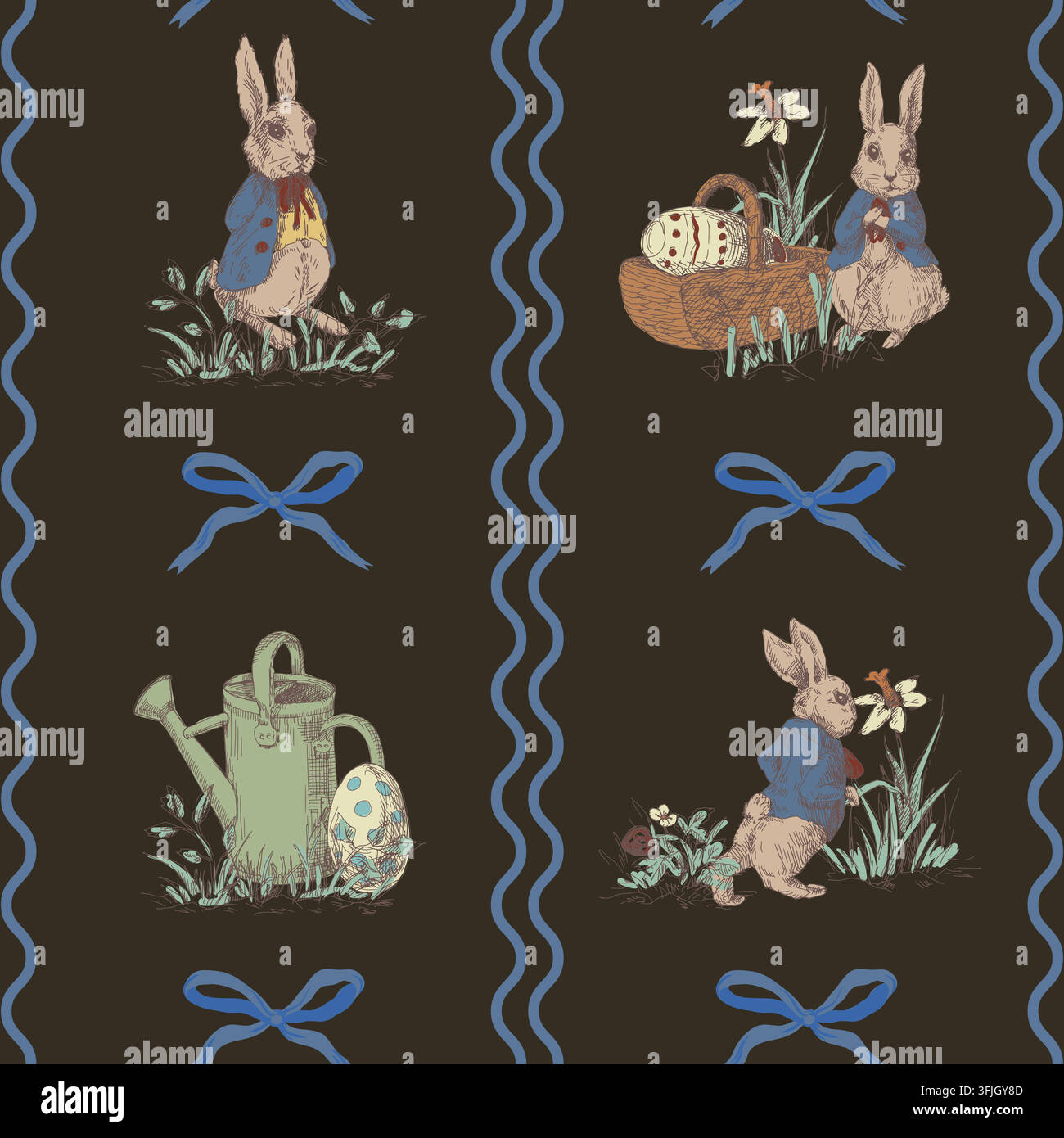 Dark Navy Easter Rabbit Garden Vignettes with Blue Wavy Stripes and Bows Pattern Stock Vector