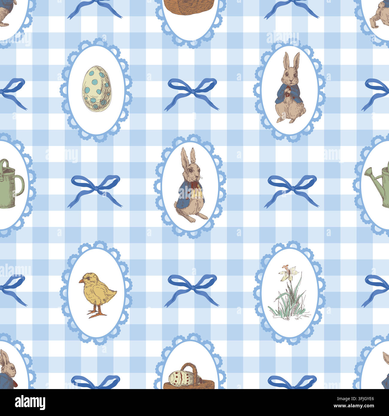 Blue Gingham Seamless Easter Pattern with Rabbit Egg Chick Cameos and Decorative Bows Stock Vector