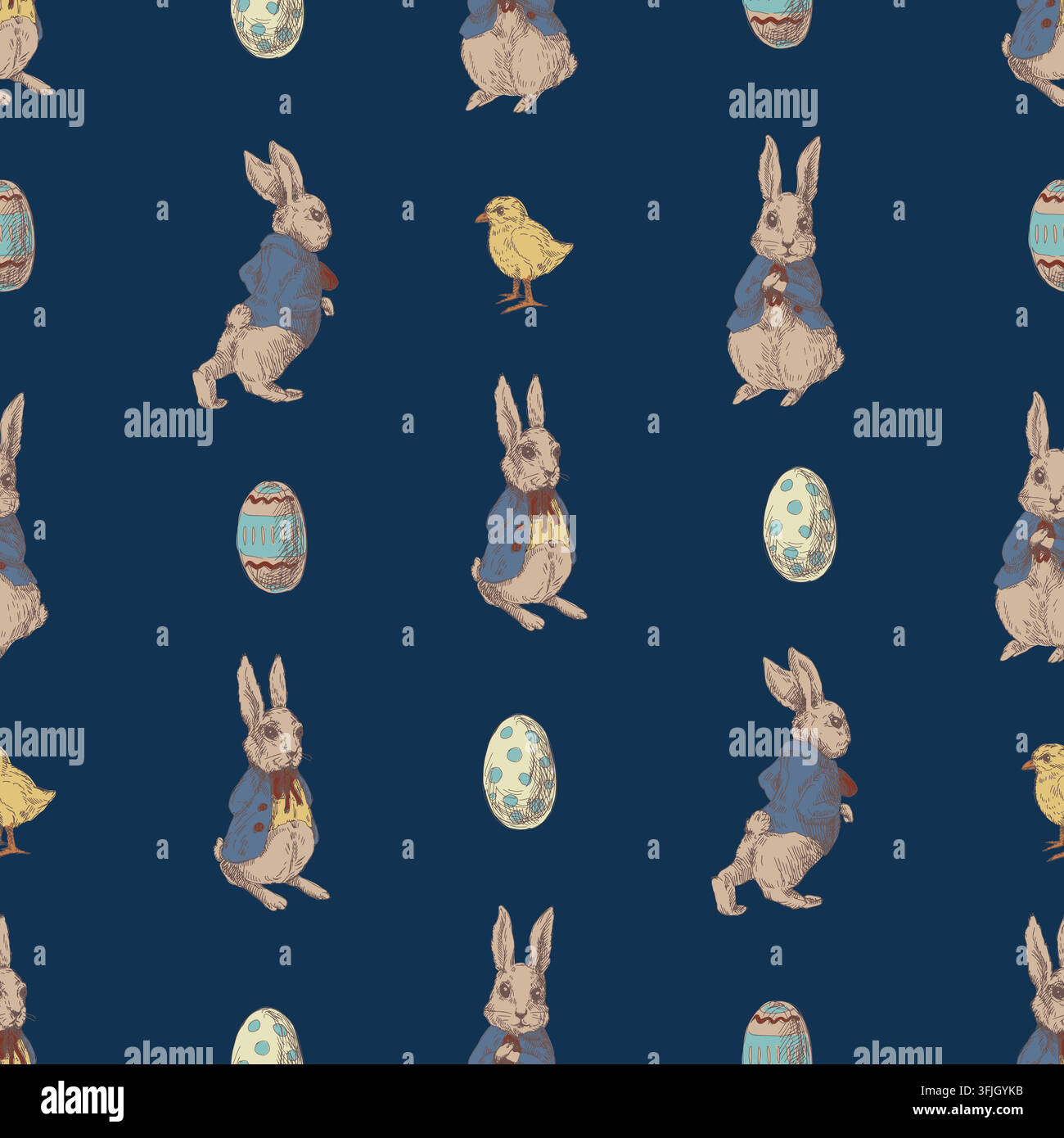 Cute Easter Rabbits Chicks and Painted Eggs Ditsy Pattern on Dark Navy Background Stock Vector