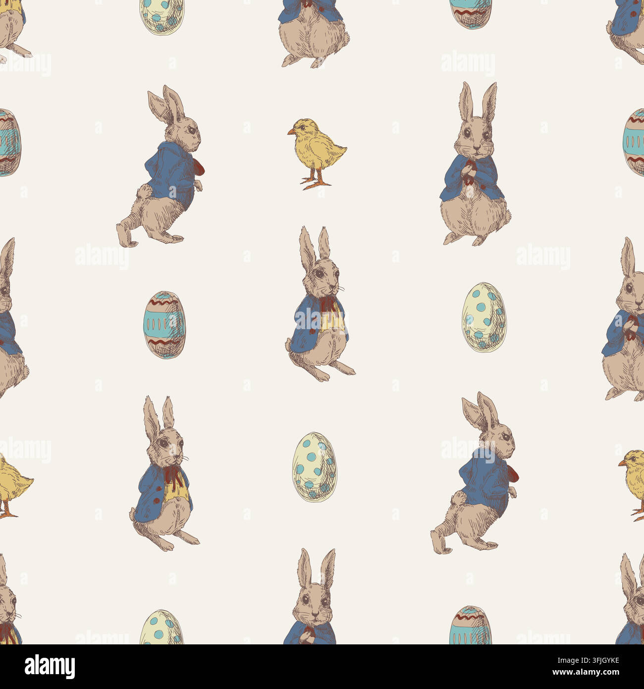 Cute Easter Rabbits Chicks and Painted Eggs Hand Drawn Ditsy Seamless Pattern Design Stock Vector